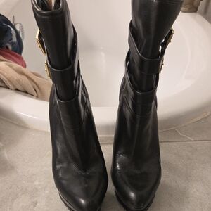 MICHAEL Michael Kors Black Heeled Boots with Gold Buckles